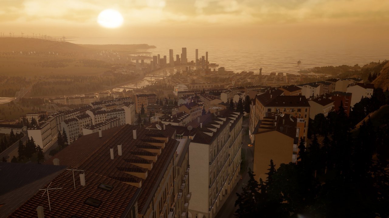 Sonnenuntergang in Cities: Skylines 2 mit Mittelmeer-Creator-Pack.