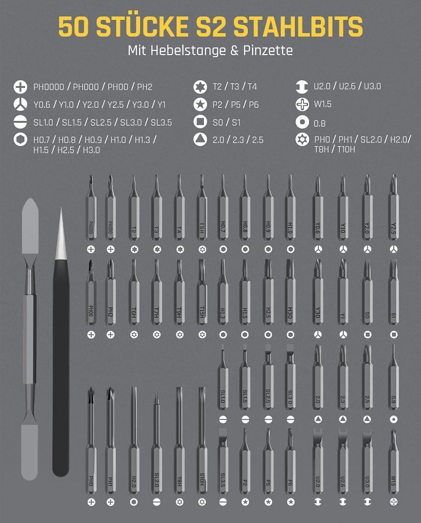 Das Feinmechaniker-Schraubendreher-Set X5 Max von Fanttik kommt mit Bit-Halter, Pinzette und so kleinen Bits wie PH0000. Es richter sich unter anderem an PC-Schrauber.