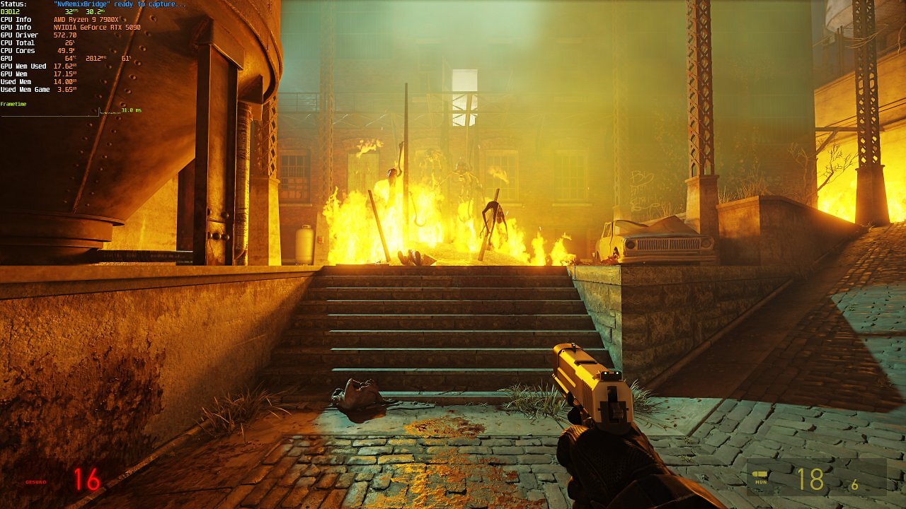 [21/03/2025] Tappen Sie aus dem Spiel und warten einige Sekunden. Wechseln Sie darauf wieder in Half-Life 2 RTX. Nun fehlen ReSTIR vorherige Informationen. Diese müssen daher neu berechnet werden. Achten Sie auf den Performance-Abfall!