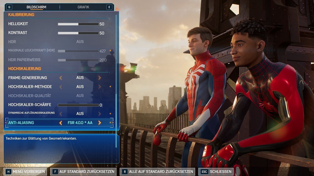 [04/03/2025] Marvel's Spider-Man 2 listet FSR 4 gar im Grafik-Menü, wenn Sie es via Radeon Software zuschalten.
