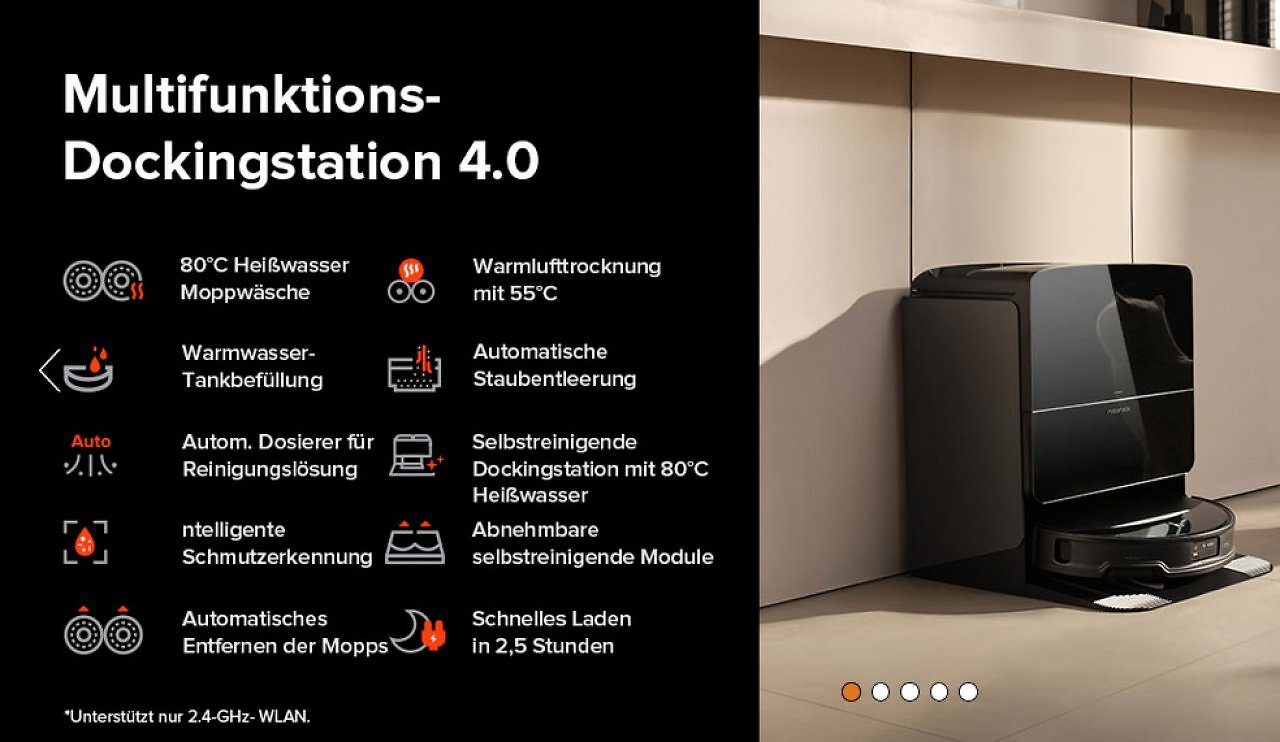 Der Roborock Saros 10R bietet nicht nur ein flaches Design, sondern auch eine Dockingstation mit 10 Funktionen wie Heißluftwäsche, Warmlufttrocknung und Warmwassertankbefüllung.