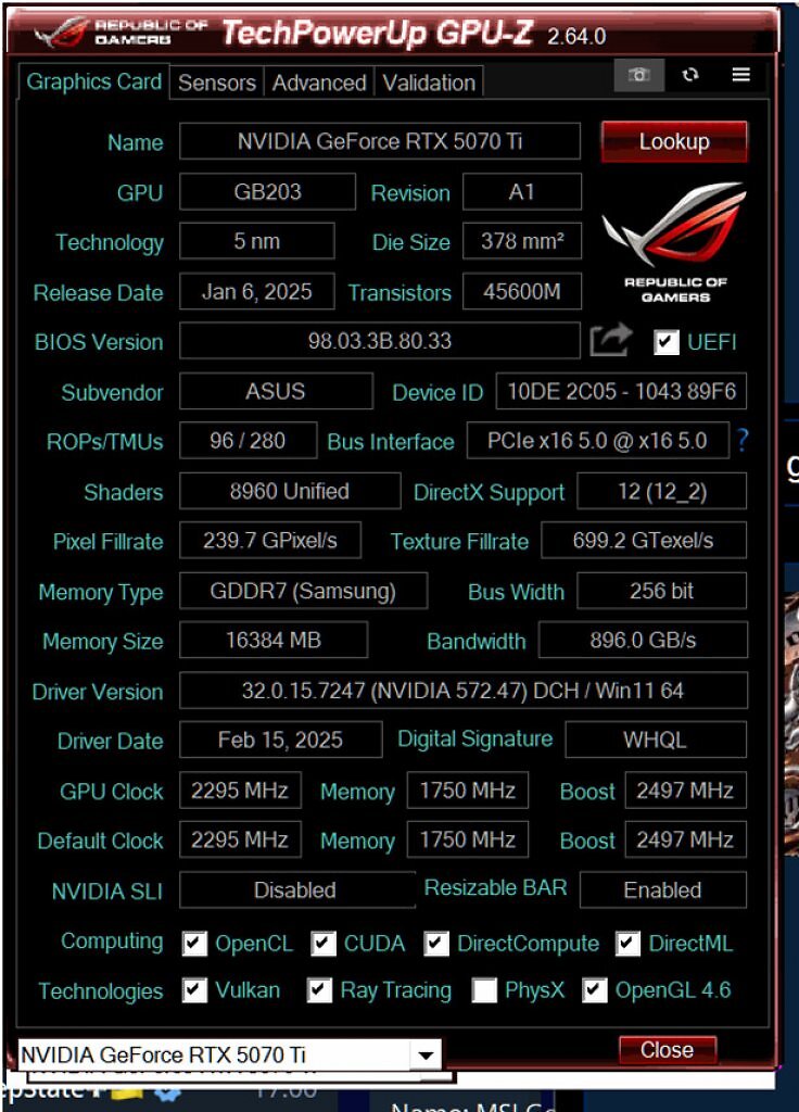[15/04/2025] GPU-Z zeigt die technischen Eckdaten der getesteten Asus RTX 5070 Ti Prime OC: Der GB203-Chip taktet im P-BIOS mit 2.527 MHz Boost-Takt.