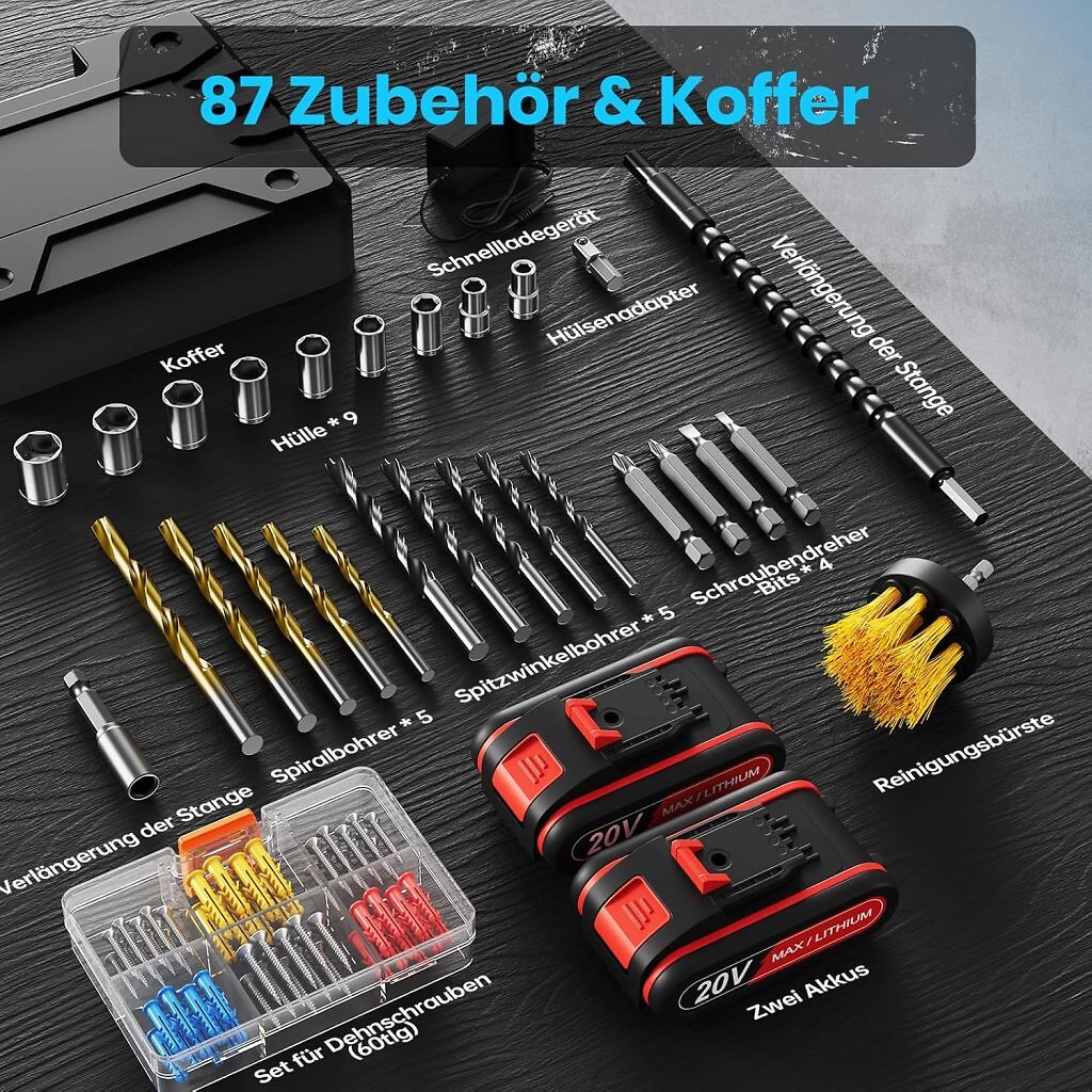 Für unter 40€ bekommt man nicht nur einen 20V-Akku-Bohrschrauber mit Akkus und Ladegerät, sondern auch ein 87-teiliges Zubehörset im Koffer.