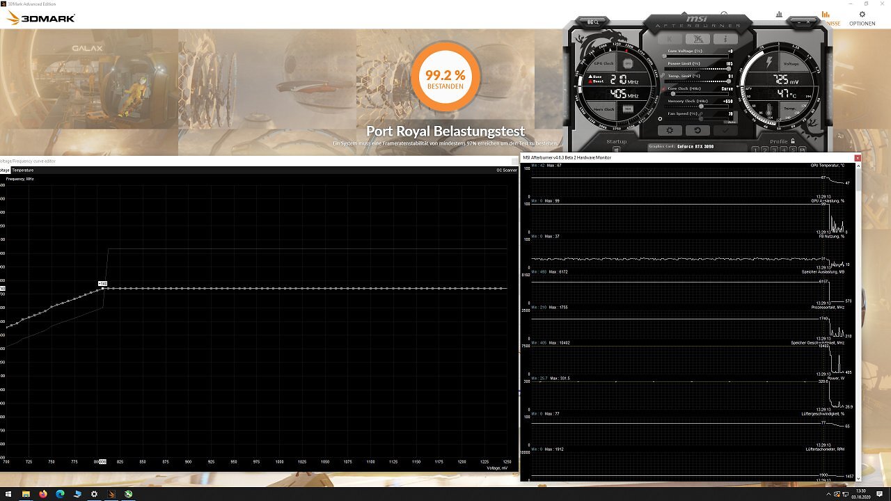 [15/04/2025] Beispiel für ein erfolgreiches Undervolting-Profil im 3DMark Port Royal: Bei 0,925 V erreicht die GPU stabile 2.805 MHz Kerntakt. Die Spanungskurve wurde manuell angepasst, um Verbrauch und Temperatur zu reduzieren. Mit 99,2 Prozent Stabilität im Belastungstest bestätigt sich die Alltagstauglichkeit des Profils.