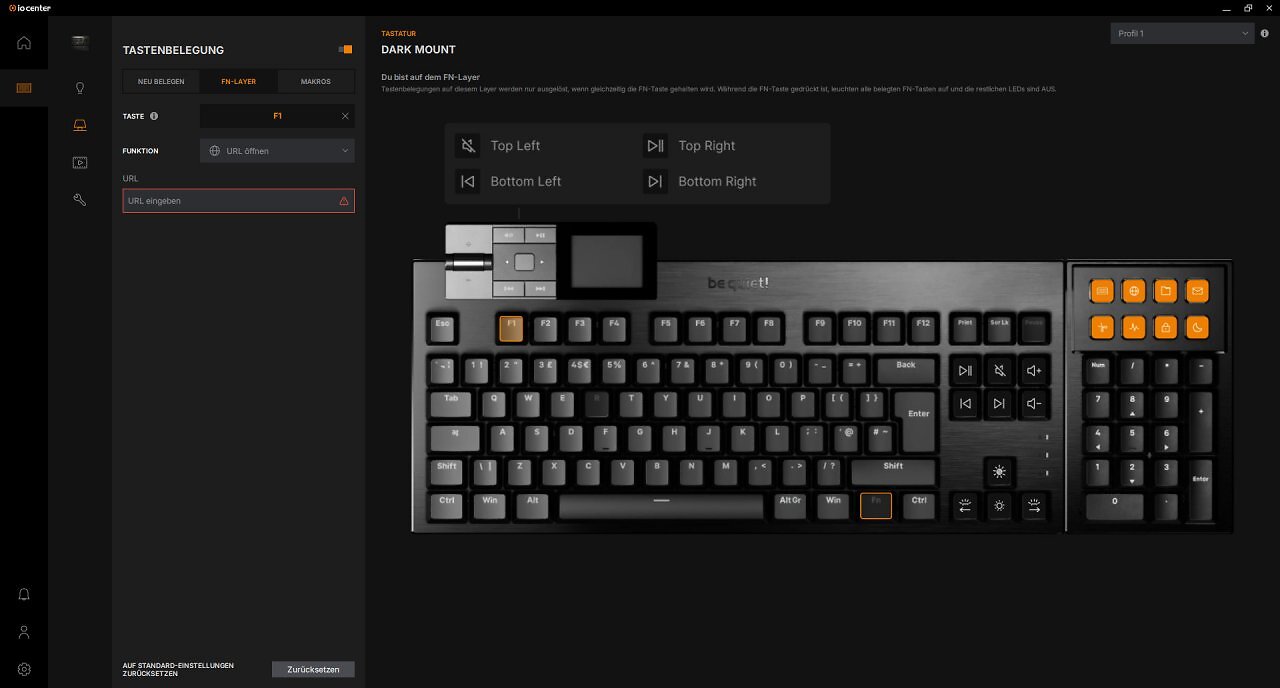 [29/04/2025] Die Be Quiet Dark-Mount-Tastatur in Aktion: Mit der flexiblen FN-Tastenbelegung lassen sich URLs und Makros auf Wunsch per Tastenkombination öffnen.