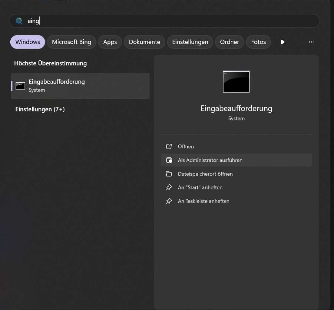 [15/04/2025] Start der Eingabeaufforderung mit Administratorrechten: Voraussetzung für BIOS-Flashs und Tools wie nvflash, die tief in das System eingreifen. Danach sollte das Ganze so aussehen wie in Abbildung 08.