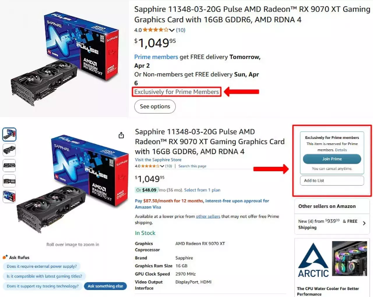 [02/04/2025] Sapphire Pulse Radeon RX 9070 XT bei Amazon US nur mit Prime-Mitgliedschaft erhältlich.