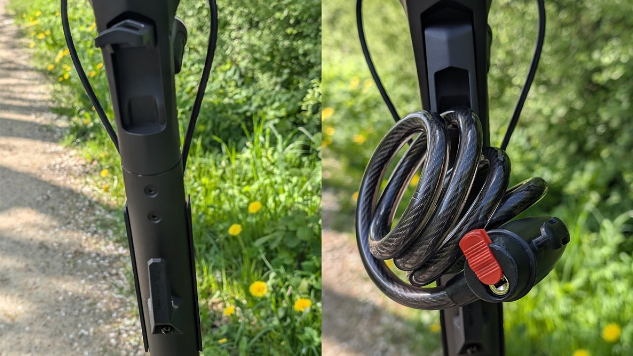 [27/04/2025] Die Arretieröffnung zum Zusammenklappen des E-Scooters dient auch gut als Schlosshalterung.