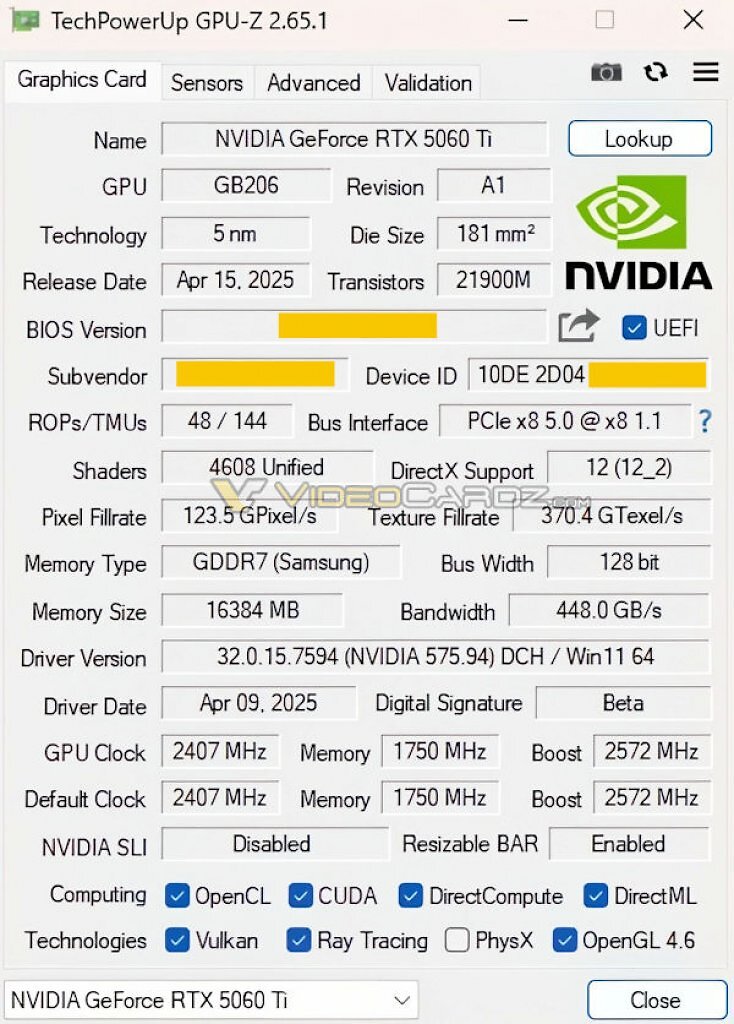 [15/04/2025] Geforce RTX 5060 Ti: GPU-Z zeigt die technischen Daten