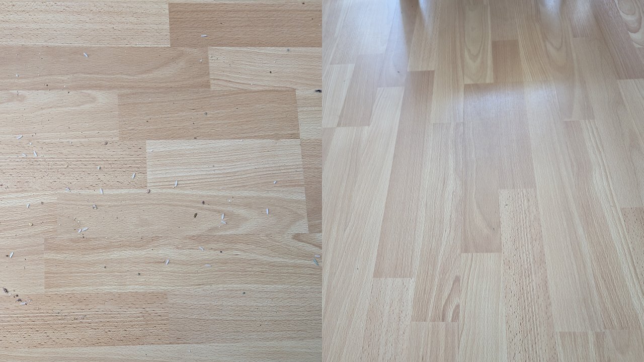 Links ein Boden mit Staub und Krümeln, rechts ein frisch gesaugter Boden.