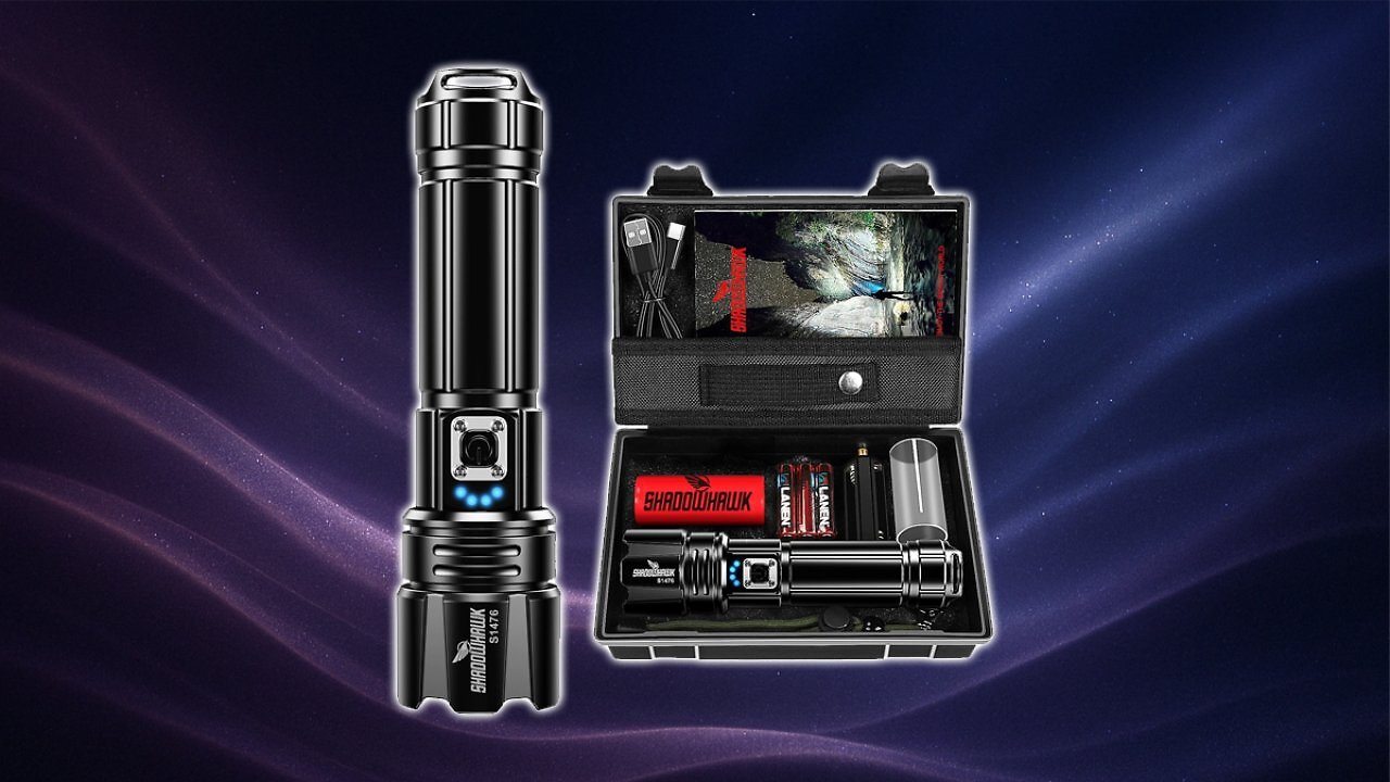 [15/04/2025] Shadowhawk Taschenlampe Led 500000 Lumen, Extrem Hell Taschenlampe USB Aufladbar Taktische Taschenlampen Mit holster XHP70.2, IP67 Wasserdicht 5 Lichtmodi für Camping Wandern Notfälle [Energieklasse A+++] Amazon Angebot
