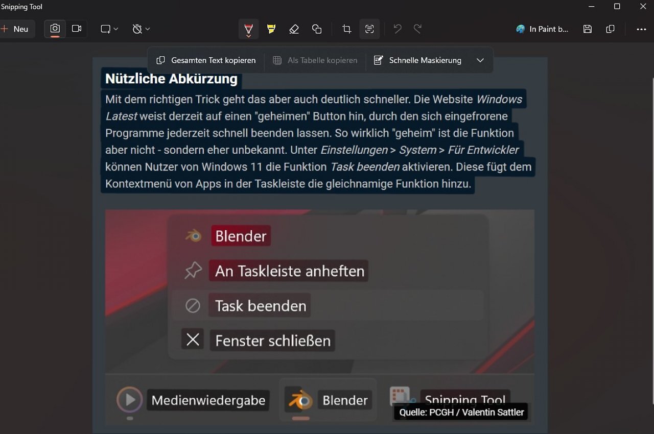 Textextraktion mit dem Snipping Tool