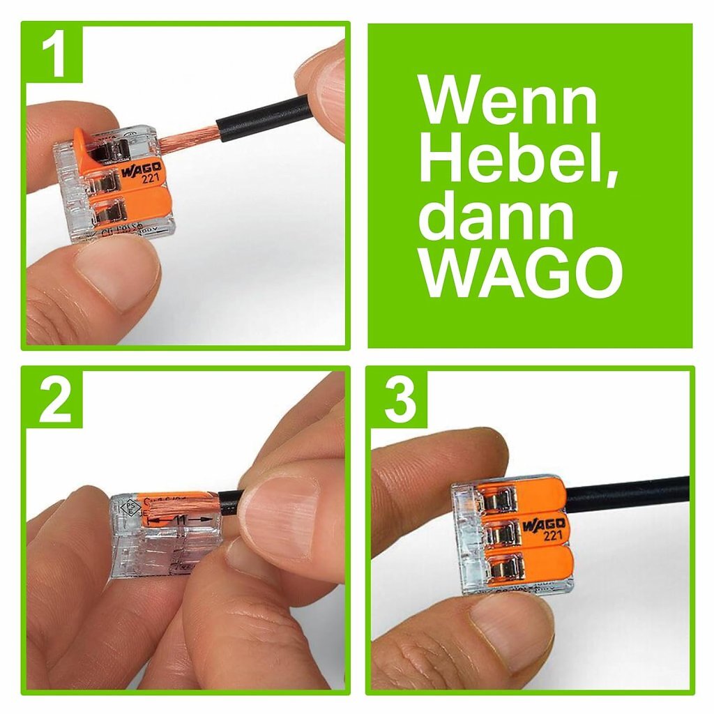 Wer sich einen SwitchBot als smartes Relais einbaut, wird möglicherweise die Verdrahtung durch den Elektriker anpassen müssen. Dazu bieten sich die Wago Klemmen mit Hebel für starre und flexible Leiter an.