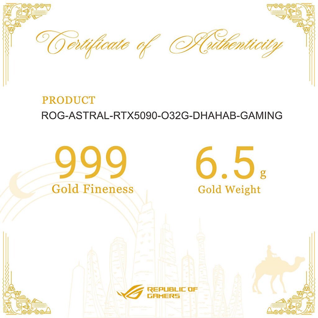Abbildung mit 6,5 Gramm Gold in der ROG Astral 5090 Dhahab Edition.
