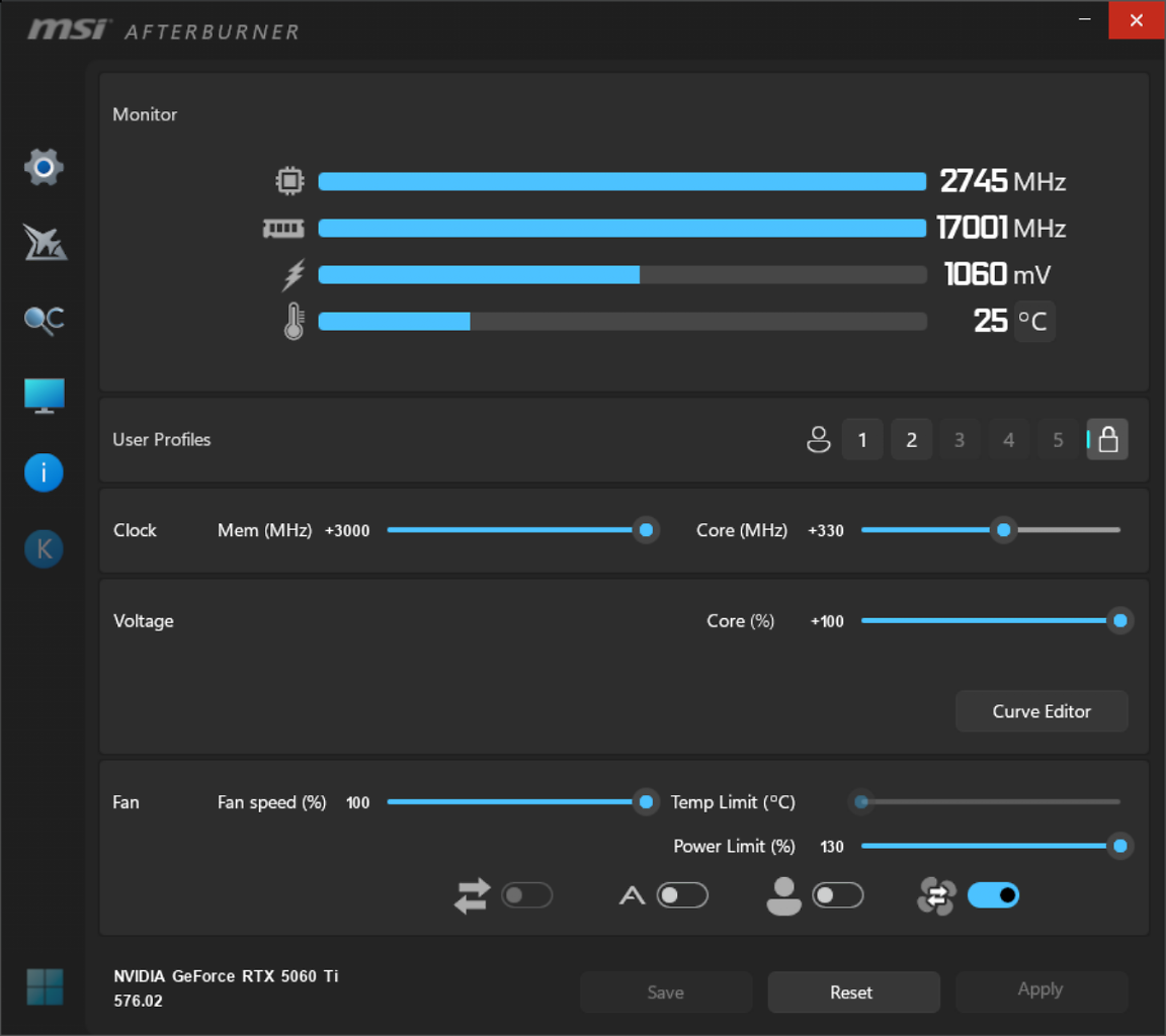 [02/05/2025] Geforce RTX 5060 Ti 16GB MAX-OC: Unsere Settings basieren nicht auf einer handgeschnitzten Voltage/Frequency Curve, sondern simplen, wenngleich stolzen Offsets (inkl. erweiterter RAM-Range)