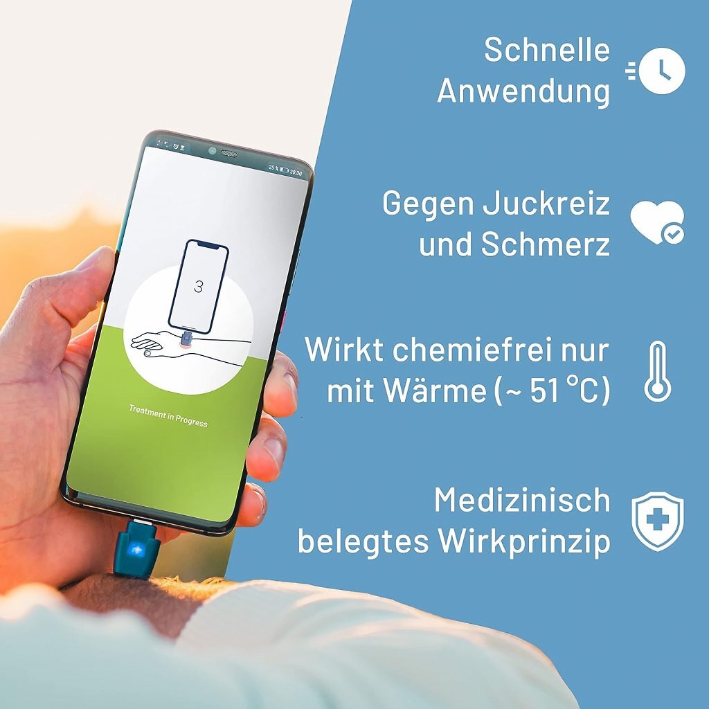 Der Insektenstichheiler Heat It erinnert an einen USB-Stick für den Schlüsselbund und wird via USB-C mit dem Android-Smartphone oder iPhone verbunden.
