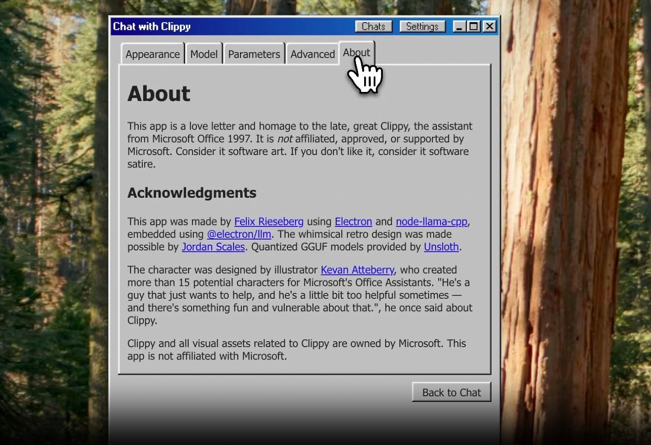 [08/05/2025] Die „About“-Seite der Clippy-App beschreibt das Projekt als Hommage an Microsofts Office-Assistenten – als Mischung aus Softwarekunst und Retro-Satire.