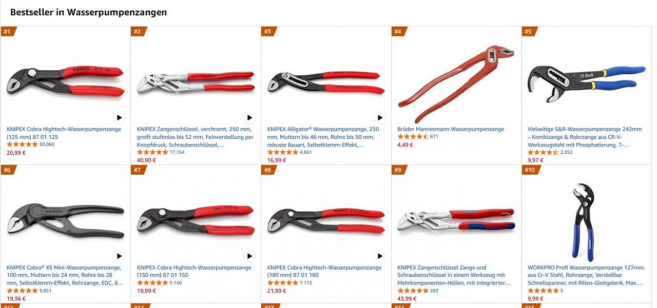 Knipex steht mit seiner Wasserpumpenzange Cobra, dem Zangenschlüssel und dem Alligator auf den Plätze 1 bis 3 der Verkaufscharts.