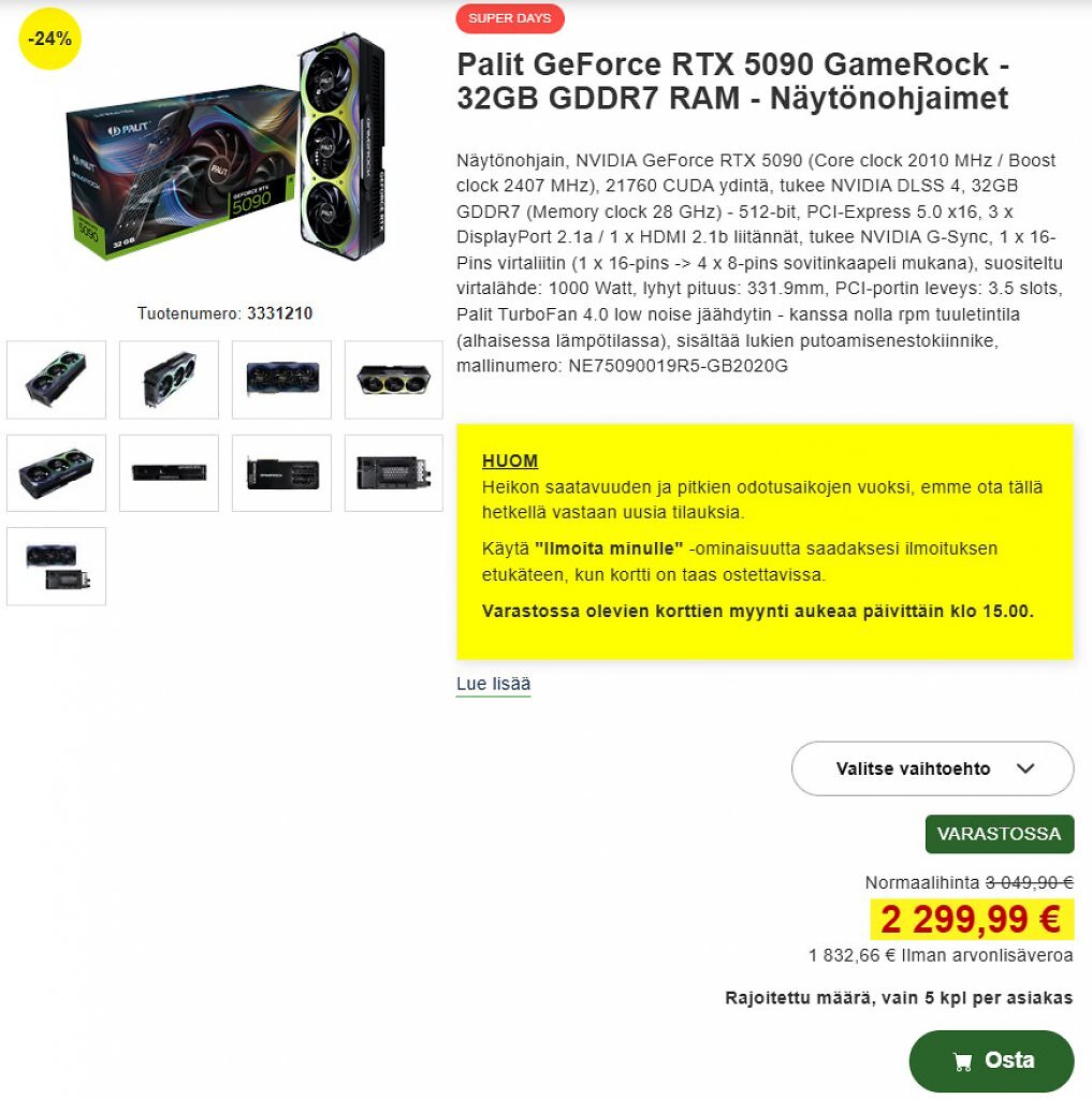 [26/05/2025] In Finnland war die Geforce RTX 5090 bis vor Kurzem unter der dortigen UVP erhältlich.