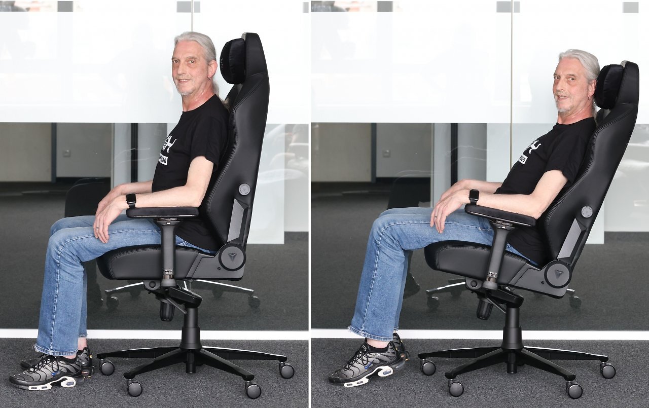[30/05/2025] Eine Asynchronmechanik mit Frog-Tilt-Mechanismus eignet sich grundsätzlich auch für das dynamische Sitzen. Da der Winkel zwischen Sitzfläche und Lehne allerdings immer gleich bleibt, werden beim Wippen die Beine stark angehoben.