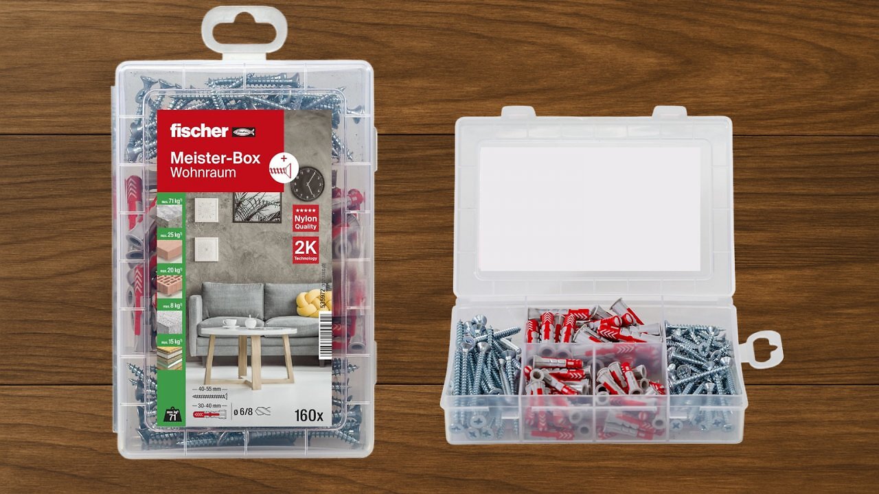 [14/05/2025] Gibt's fast gratis! 49 % Rabatt auf Fischer Meister-Box: 160 Schrauben & Dübel für 9,29 € im Angebot