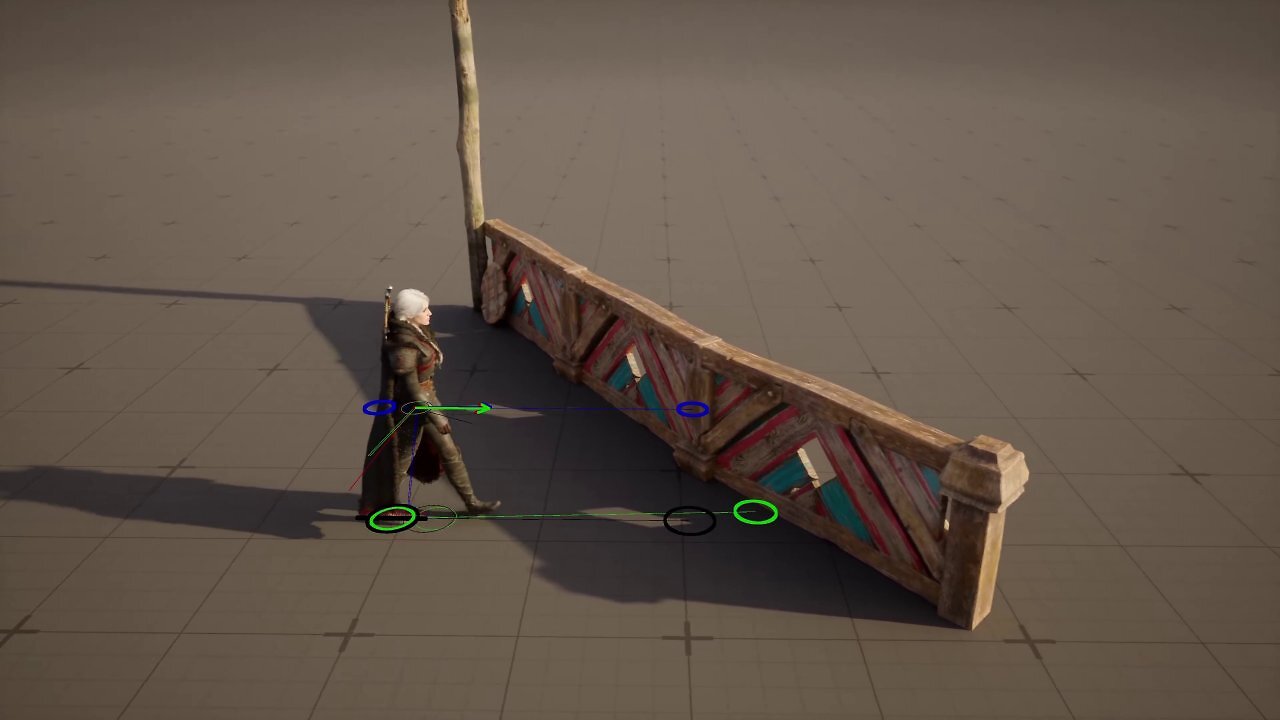 [03/06/2025] Auch die Holzballustrade ist ein Smart Object. Hier sehen Sie die Interaktion im Editior der Unreal Engine 5.