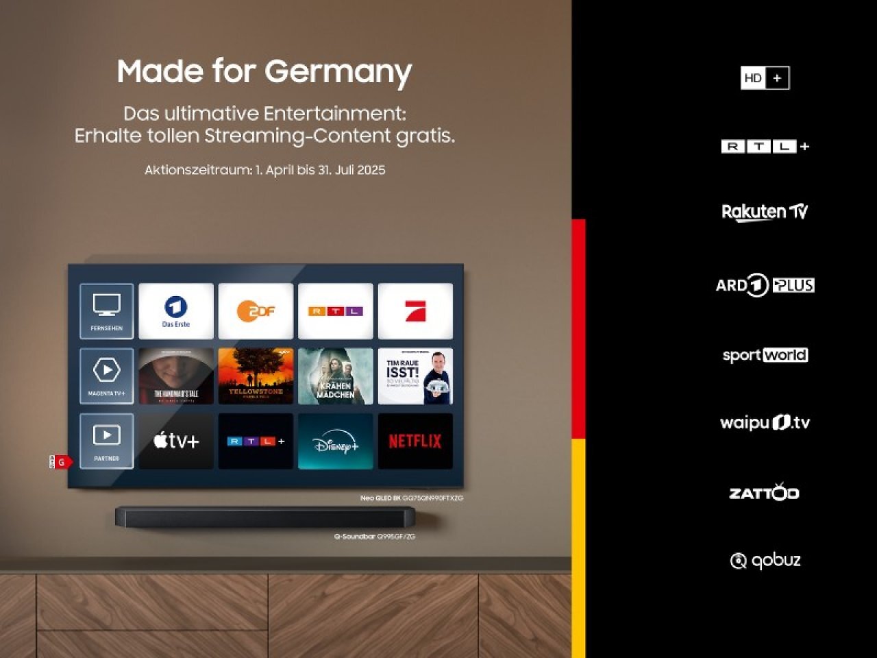 Beim Kauf des Samsung OLED TVs bekommt man mehrere Streaming-Abos - für einen begrenzten Zeitraum - gratis dazu.
