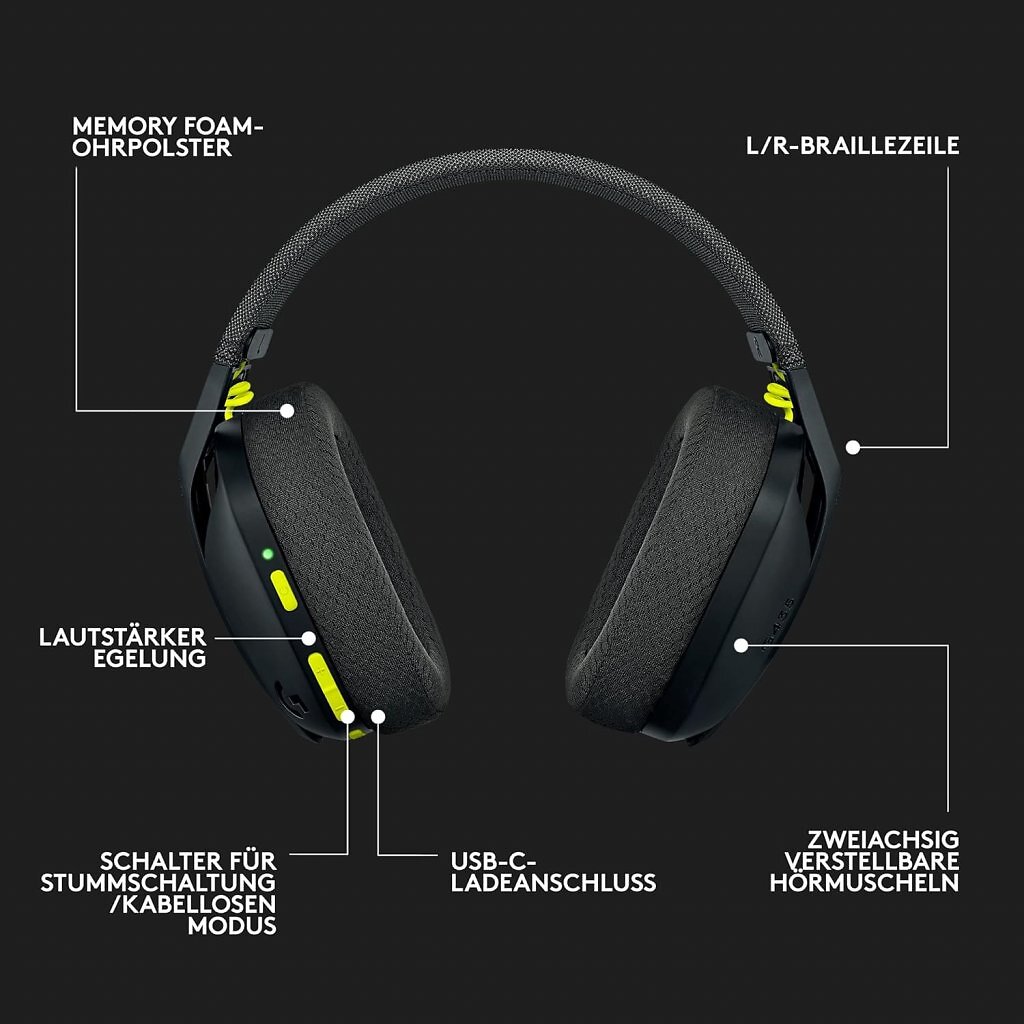 Anschlüsse und Schalter des Logitech G435 Lightspeed im Überblick.