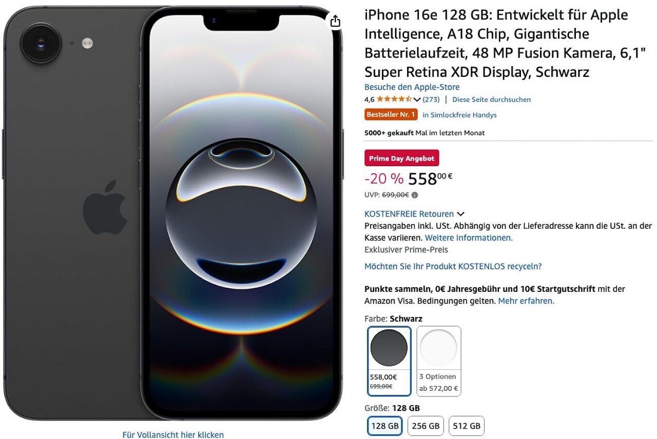 Nur noch heute: iPhone 16e für 558€ - exklusiv für Amazon-Prime-Mitglieder