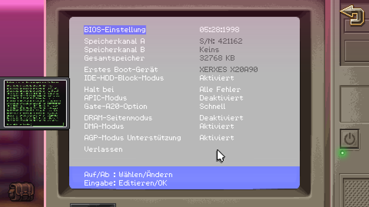 Die BIOS-Oberfläche eines PCs in Pixel-Art-Optik