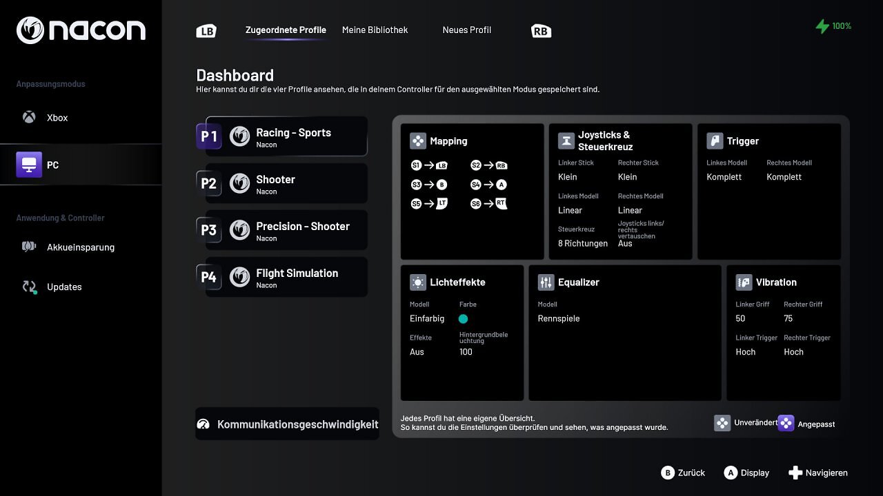 Screenshot einer Software zur Controller-Einstellung