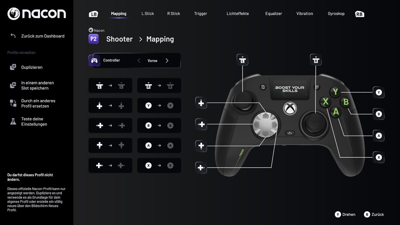 Screenshot einer Software zur Controller-Einstellung