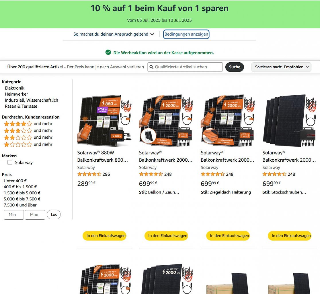 Verschiedene Balkonkraftwerke von Solarway sind bei Amazon im Zuge einer Aktion reduziert. Sets mit bifazialen Modulen von 800 bis 2.000 Watt sind dabei.