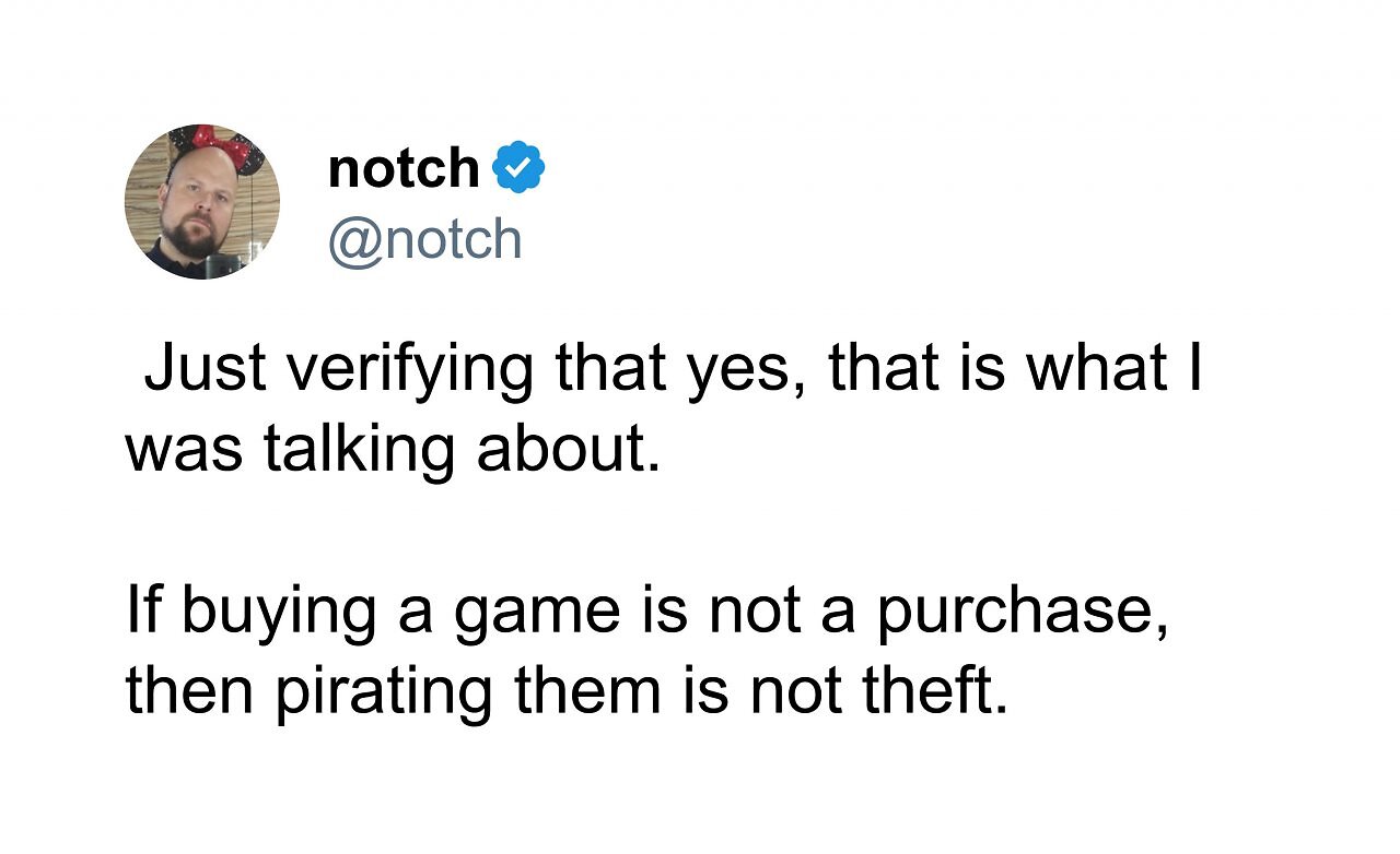 [12/07/2025] Der Post von Minecraft-Erfinder Notch kam als Reaktion auf Aussagen des Streamers Pirate Software, der zuvor die Kampagne Stop Killing Games kritisiert hatte.