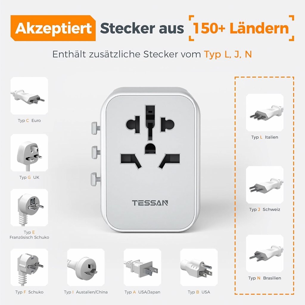 [25/07/2025] Steckertypen, die der Tessan 633FC Reiseadapter unterstützt.
