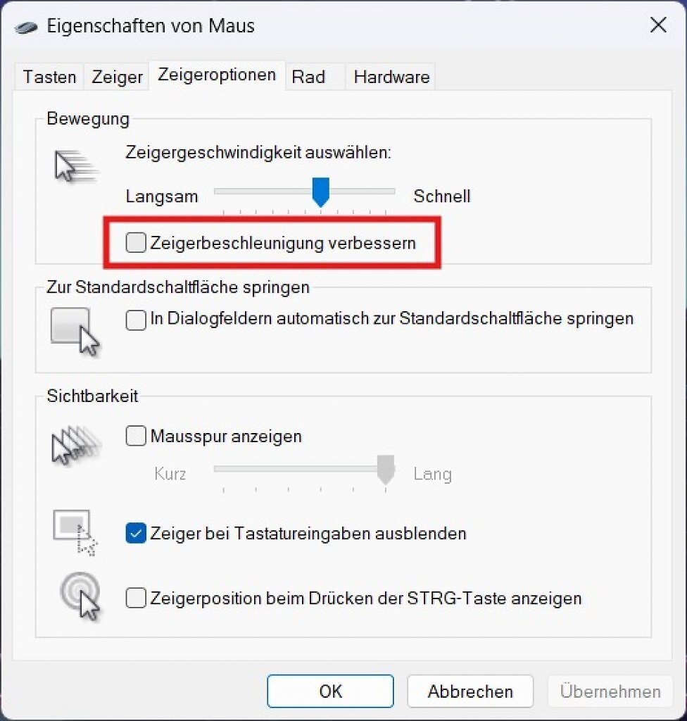 [08/07/2025] Standardmäßig aktiviert, aber für Gamer weniger empfehlenswert: Die Zeigerbeschleunigung finden Sie in den Windows-Einstellungen unter 