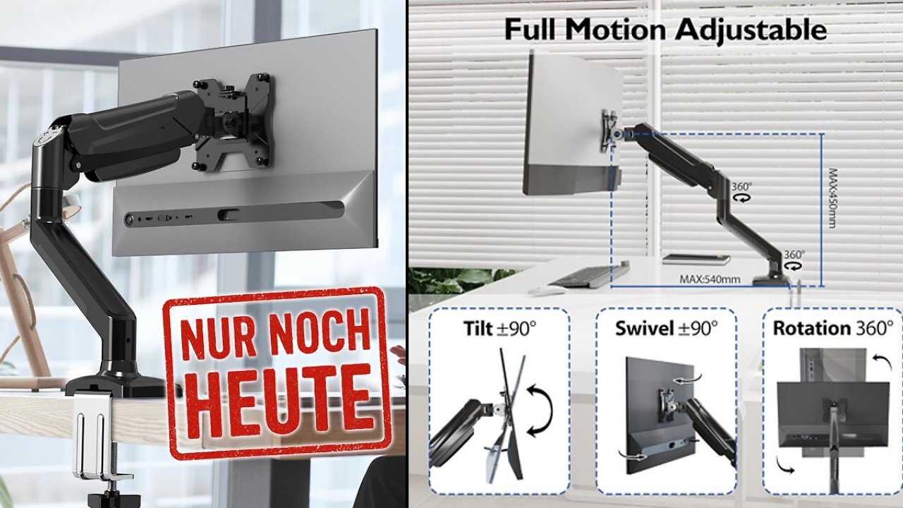 [11/07/2025] Gerade Platz 1 bei Amazon: Monitorhalter bis 34 Zoll mit Gasdruckfeder für 17 € - aber nur kurz