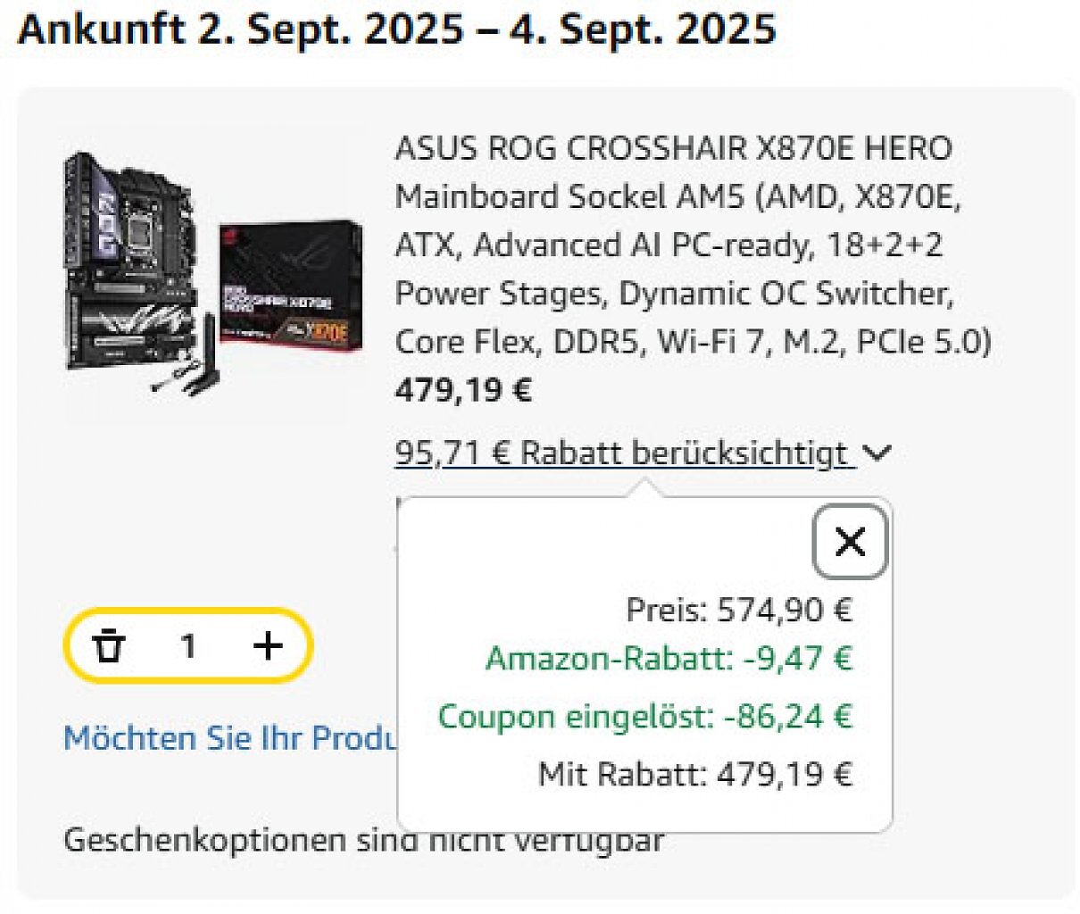 [29/08/2025] Nach Abzug des Extra-Rabatts liegt der Preis bei nur noch 479,19 Euro.