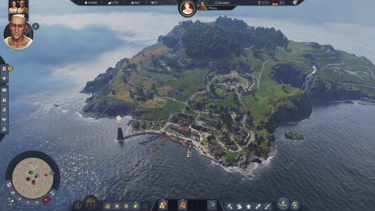 [20/08/2025] Blick auf eine Küstensiedlung in Britannien: Anno 117 setzt auf detailreiches Terrain-Rendering und hübsche Spiegelungen.