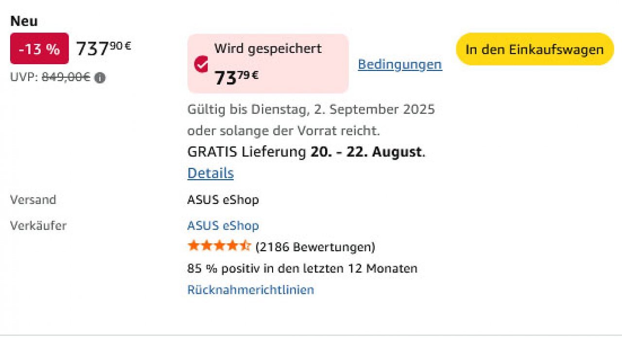 Die Asus Prime Radeon X 9070 XT OC ist mittels verstecktem Rabatt billiger als bei Amazon, wenn man unter die anderen Anbieter geht.