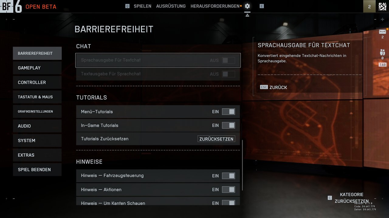 [07/08/2025] Battlefield 6 Open Beta - Menü - Barrierefreiheit V