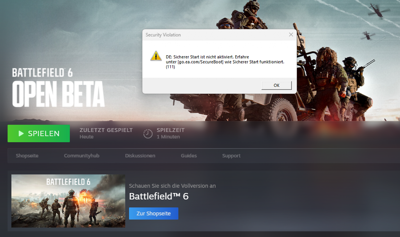[07/08/2025] Battlefield 6 Open Beta: Secure Boot erforderlich