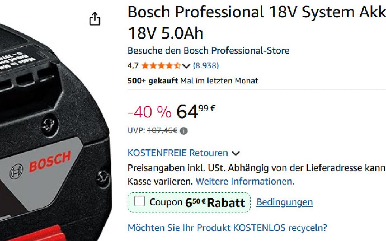Werkzeuge und 18V-Akkus von Bosch Professional sind bei Amazon unter Vergleichspreis im Angebpt.