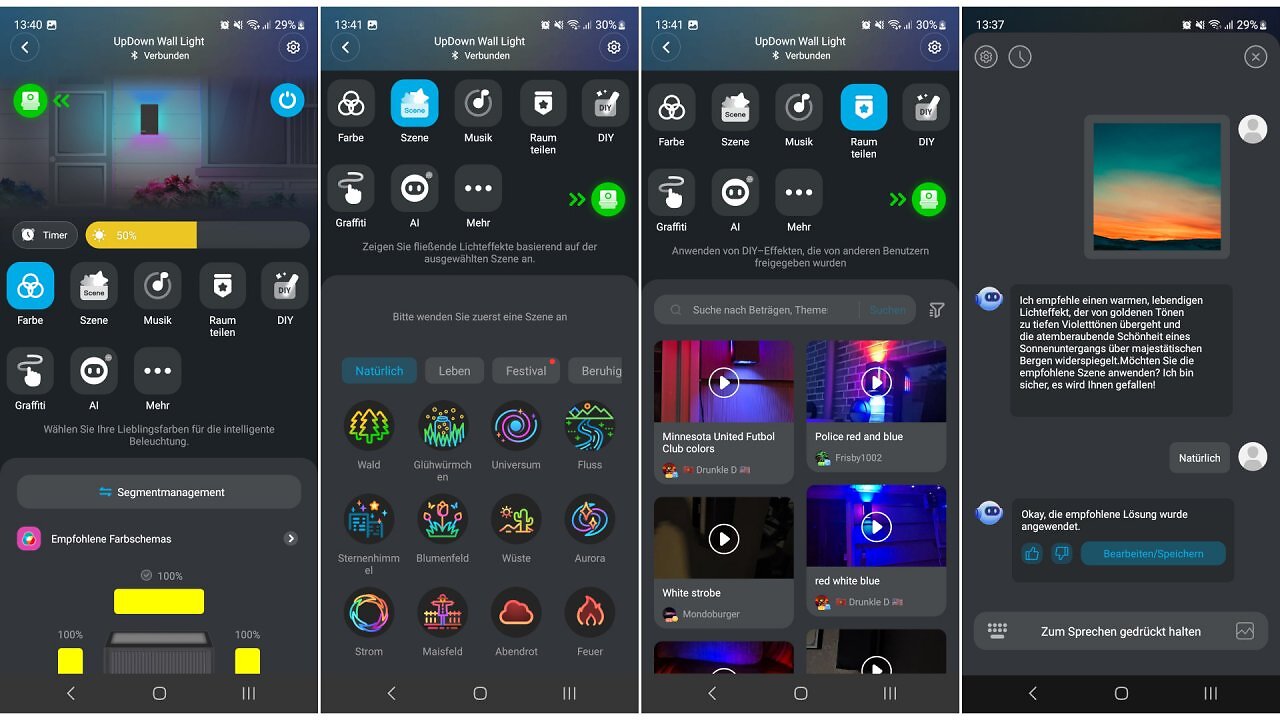 Screenshots einer Lichtbearbeitungsapp