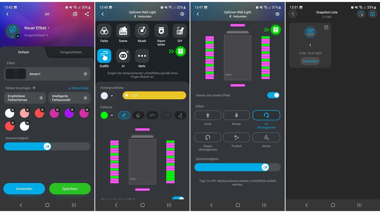 Screenshots einer Lichtbearbeitungsapp