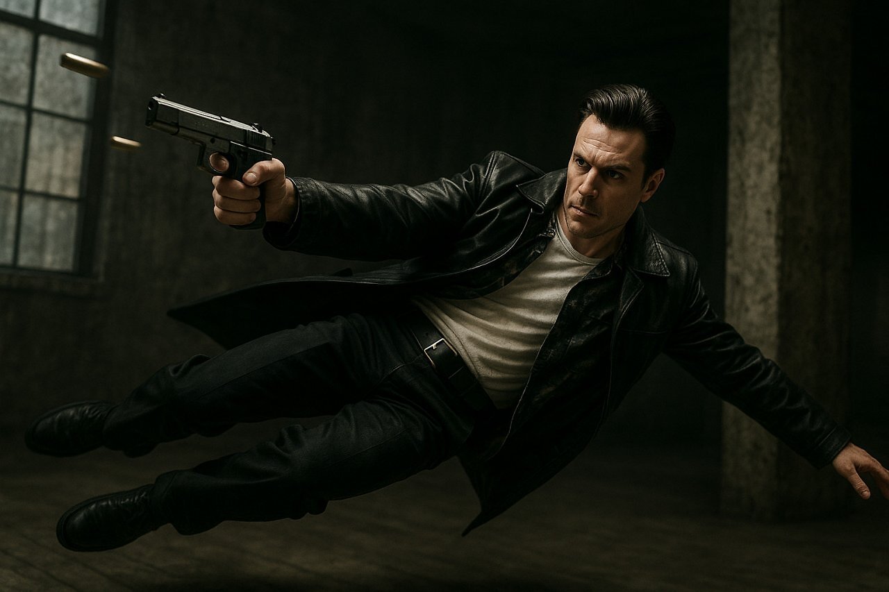 Max Payne setzt sich in Bullet-Time-Manier feindlichen Kugeln aus.