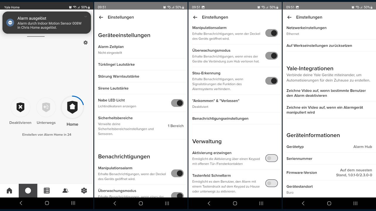 Screenshots aus der Yale Home App