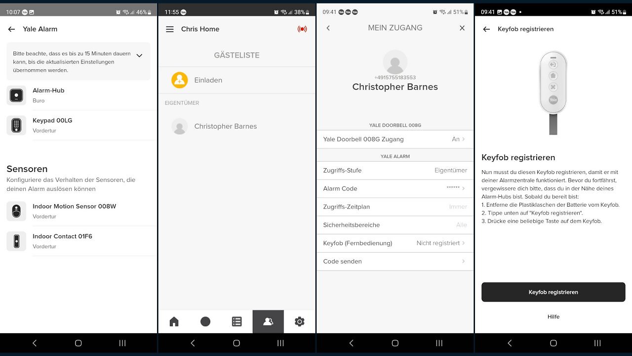 Screenshots aus der Yale Home App
