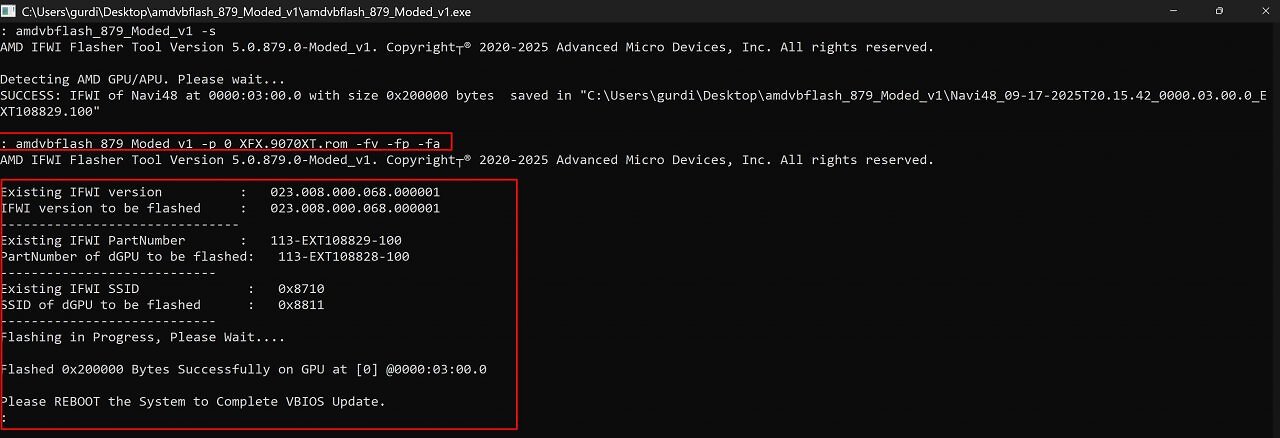 [19/09/2025] Erfolgreicher Flash-Vorgang mit RX-9070-XT-BIOS auf eine Radeon RX 9070.