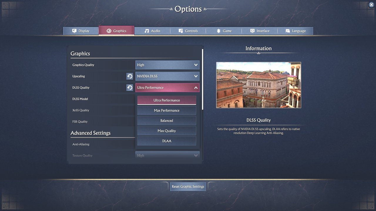 [02/09/2025] DLSS in Anno 117 bietet mehrere Modi, von Ultra Performance bis DLAA.